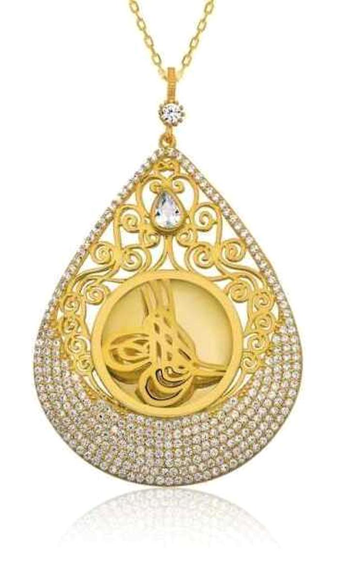 Stillove Tuğralı Gold Zirkon Taşlı Düz Zincir Kadın Gümüş Kolye 45 cm