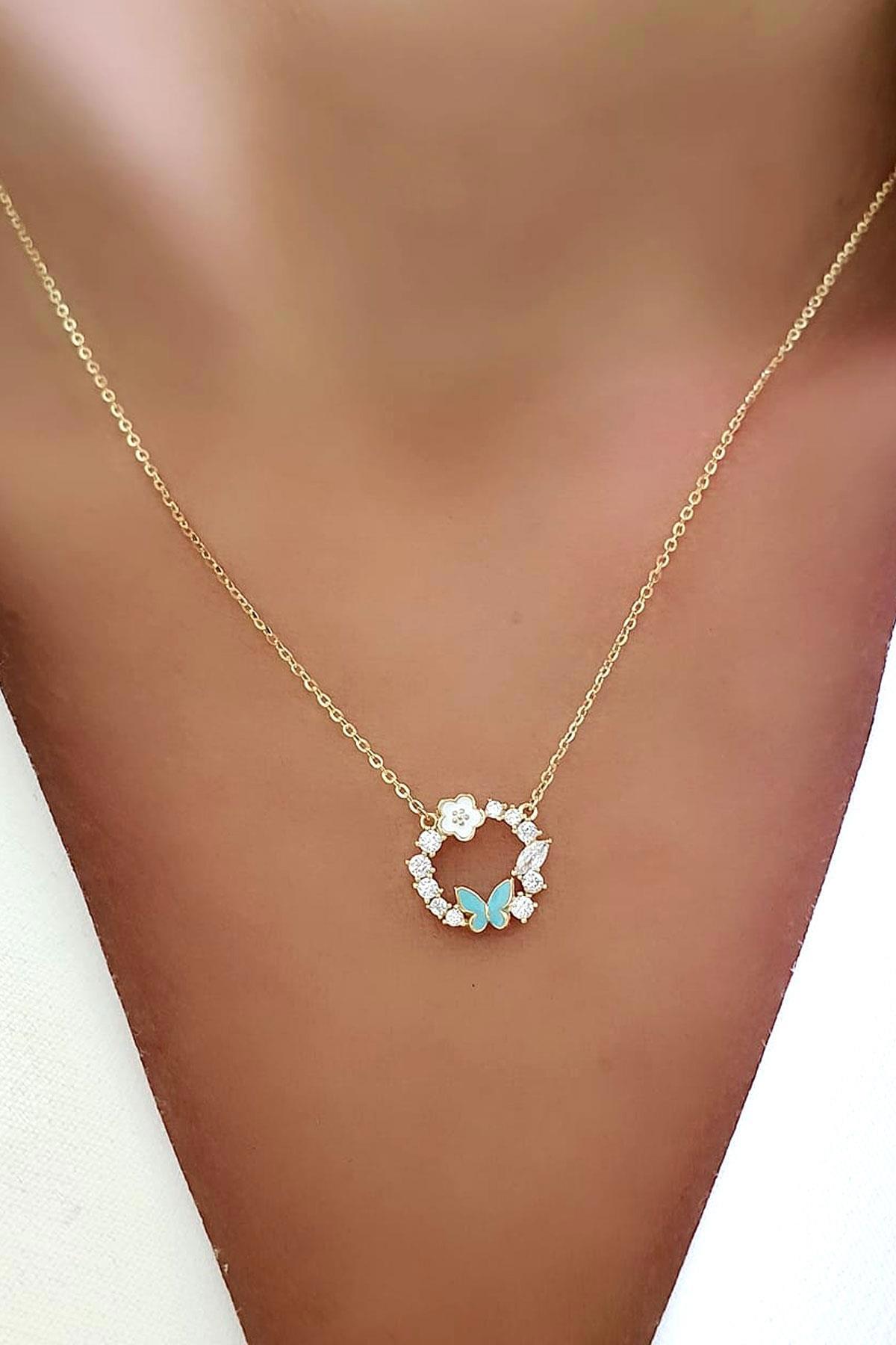 Oseshop Kelebekli Mavi Mineli Taşlı 925 Ayar Altın Kaplama Kararmayan Zincir Forse Zincir Kadın Gümüş Kolye 45 cm