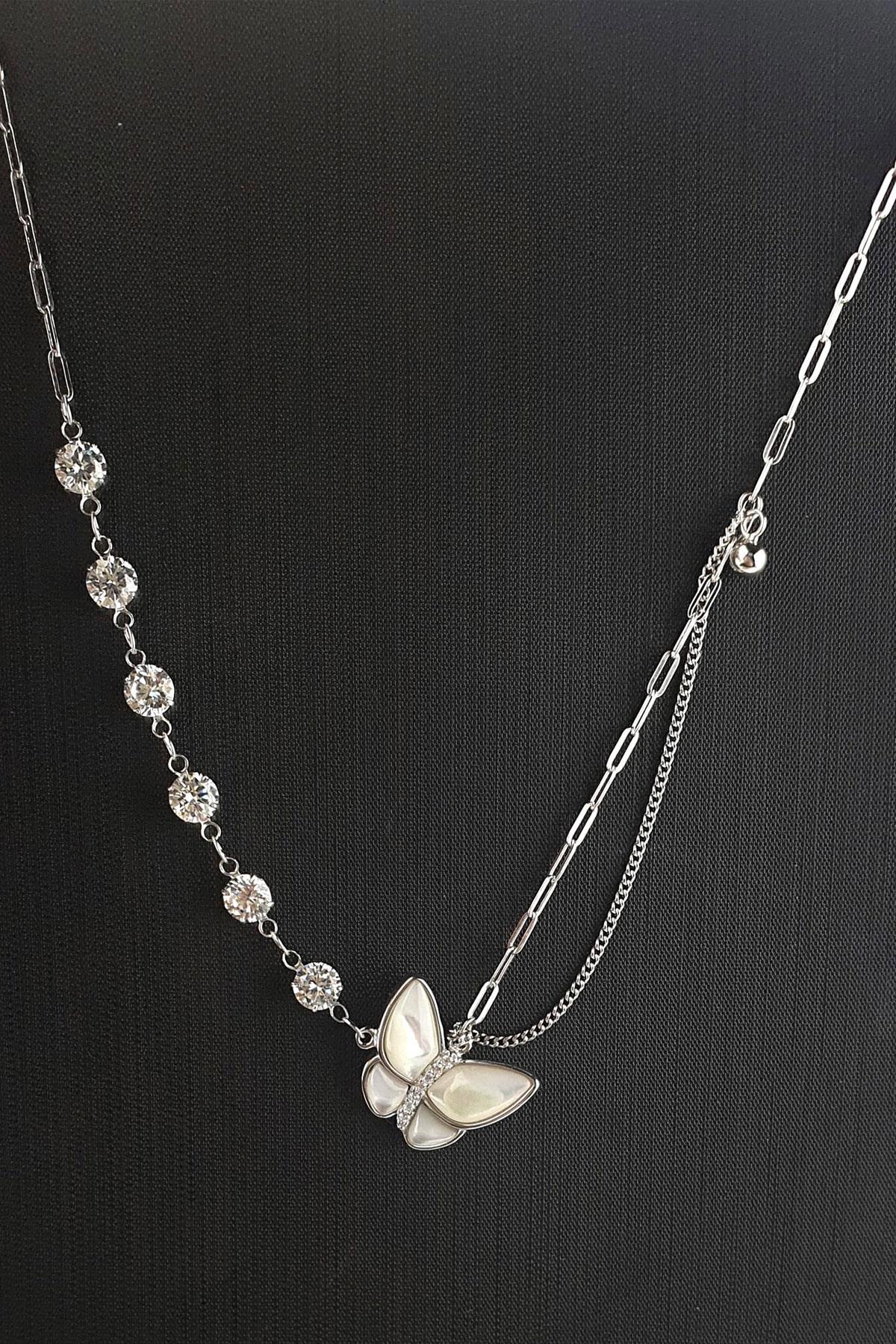 Oseshop Taş İşlemeli Beyaz Zirkon Taşlı 925 Ayar Kararmayan İtalyan Zincir Kadın Gümüş Kolye 45 cm