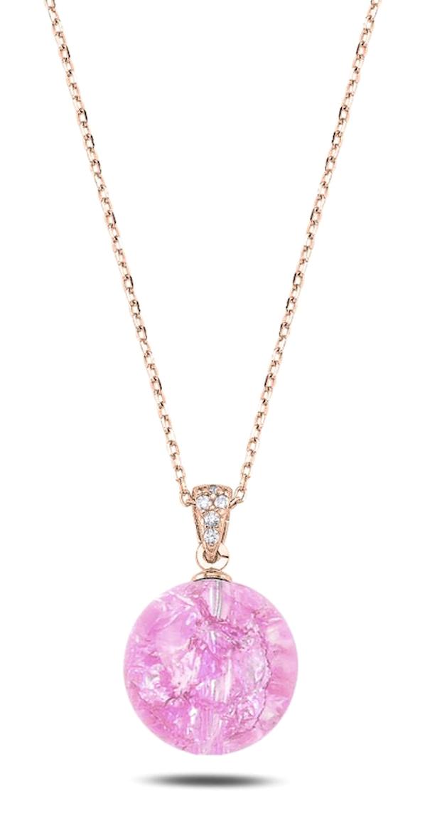 Kutaydan Küre Pembe Zirkon Taşlı Forse Zincir Kadın Gümüş Kolye 45 cm
