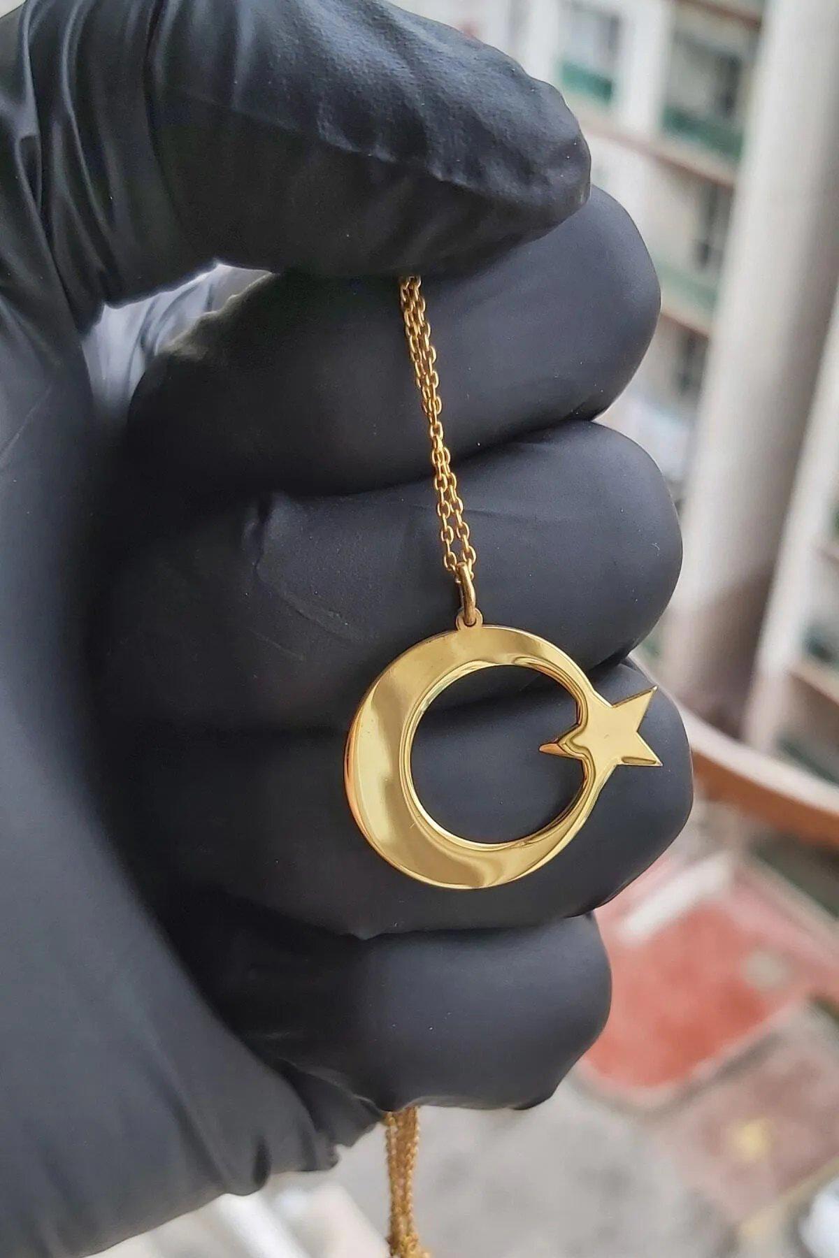 Özgür Takı Yıldızlı 925 Ayar Altın Kaplama Kararmayan Forse Zincir Kadın Gümüş Kolye 60 cm