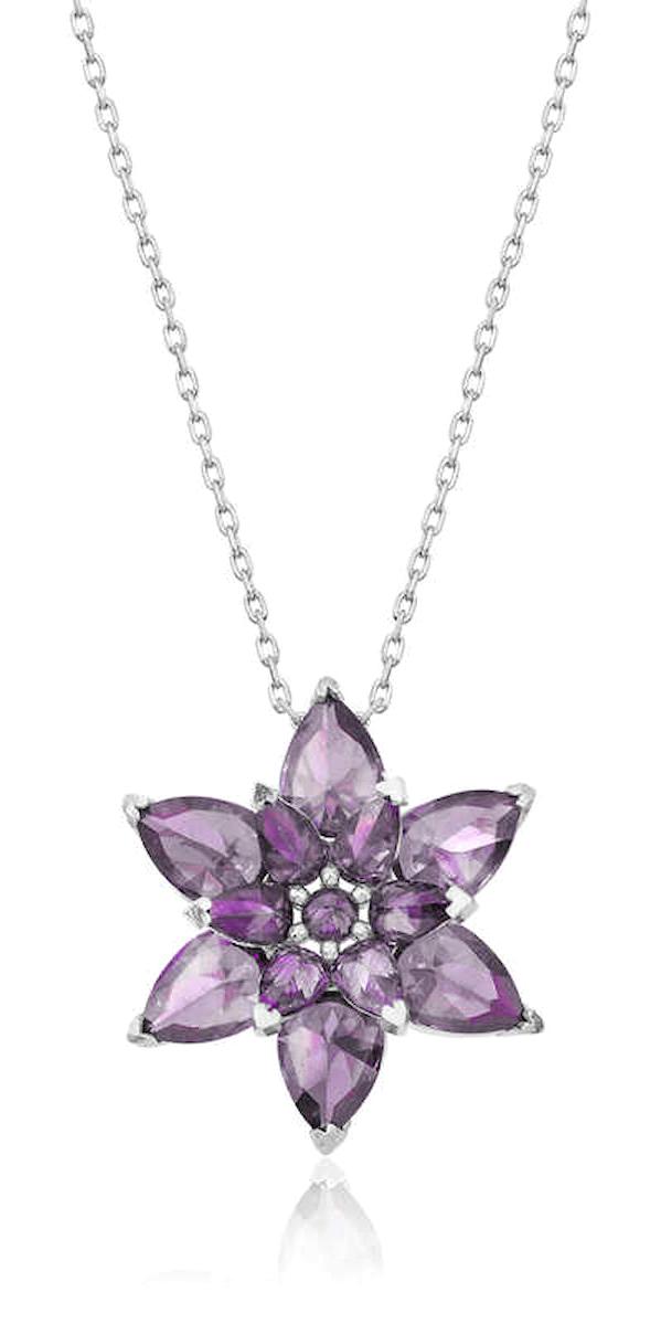 Lucky Life Çiçekli Mor Zirkon Taşlı 925 Ayar Kararmayan Lotus Forse Zincir Kadın Gümüş Kolye 45 cm