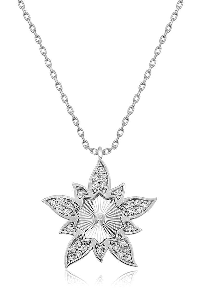 Pilelistore Çiçekli Beyaz Zirkon Taşlı 925 Ayar Kararmayan Lotus Forse Zincir Kadın Gümüş Kolye 45 cm
