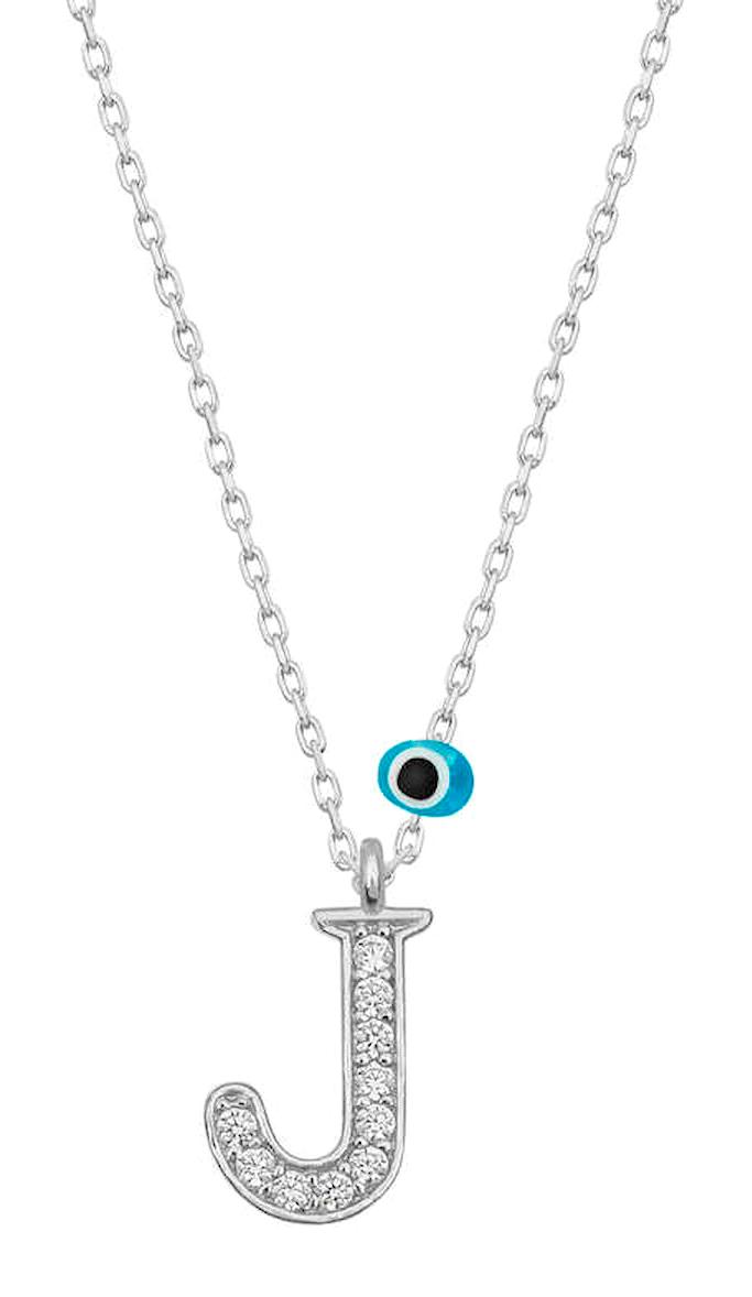 Lucky Life Harfli Beyaz-Mavi Zirkon Taşlı J Harfli 925 Ayar Kararmayan Forse Zincir Kadın Gümüş Kolye 45 cm