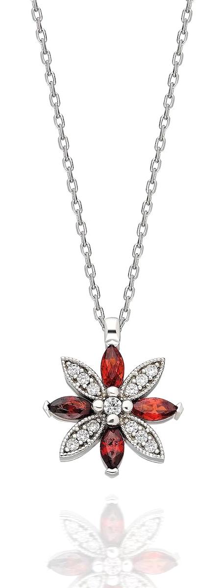 İpek Silver Çiçekli Beyaz - Kırmızı Zirkon Taşlı 925 Ayar Kararmayan Lotus Forse Zincir Kadın Gümüş Kolye 45 cm