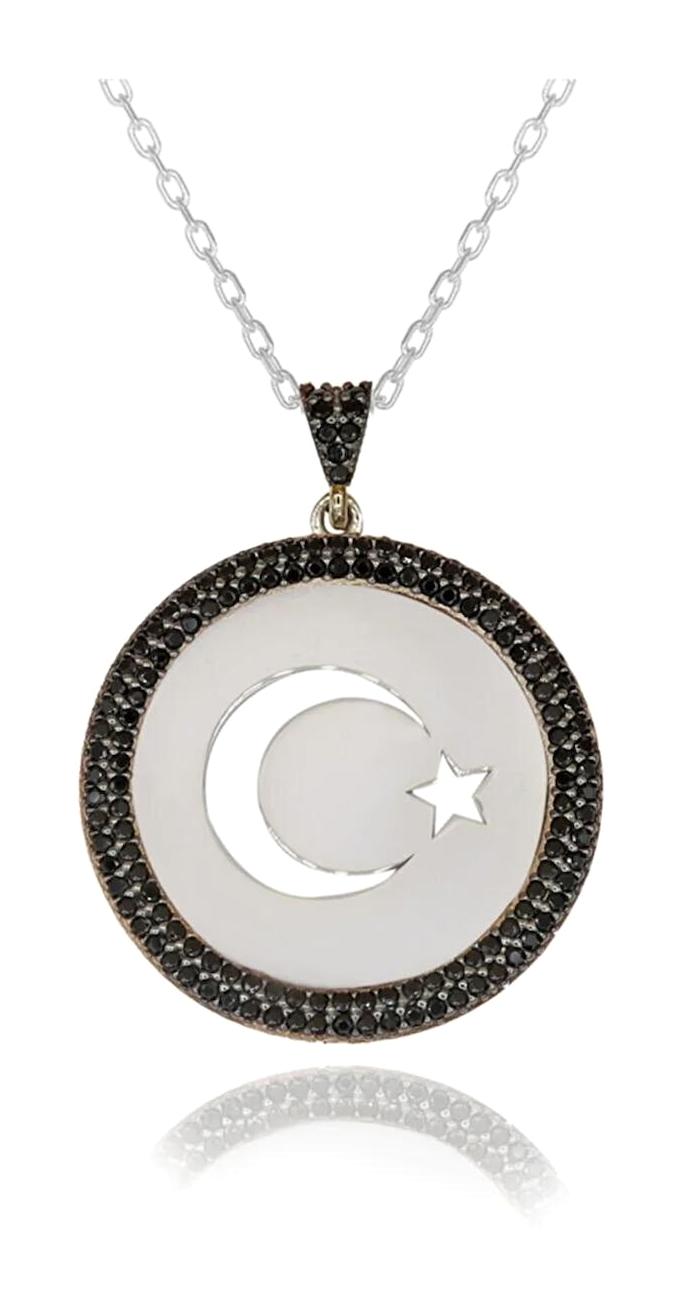 Takı Boom Ay Yıldız Siyah Zirkon Taşlı 925 Ayar Kararmayan Forse Zincir Kadın Gümüş Kolye 45 cm