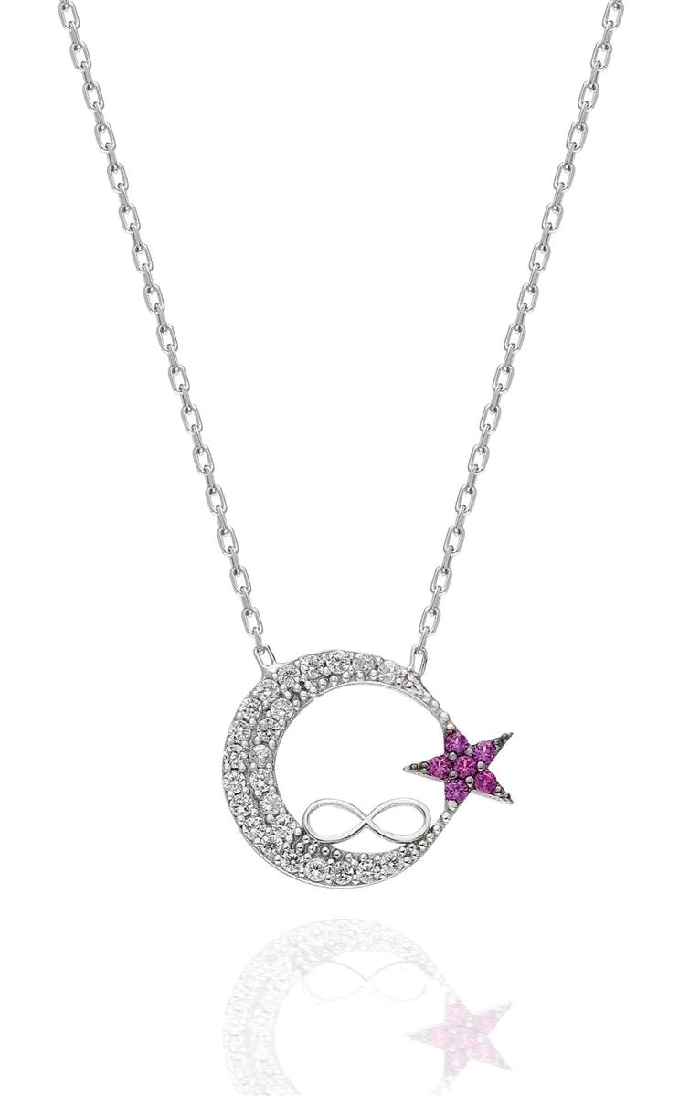 İpek Silver Ay Yıldız Beyaz - Fuşya Zirkon Taşlı 925 Ayar Kararmayan Zincir Forse Zincir Kadın Gümüş Kolye 45 cm