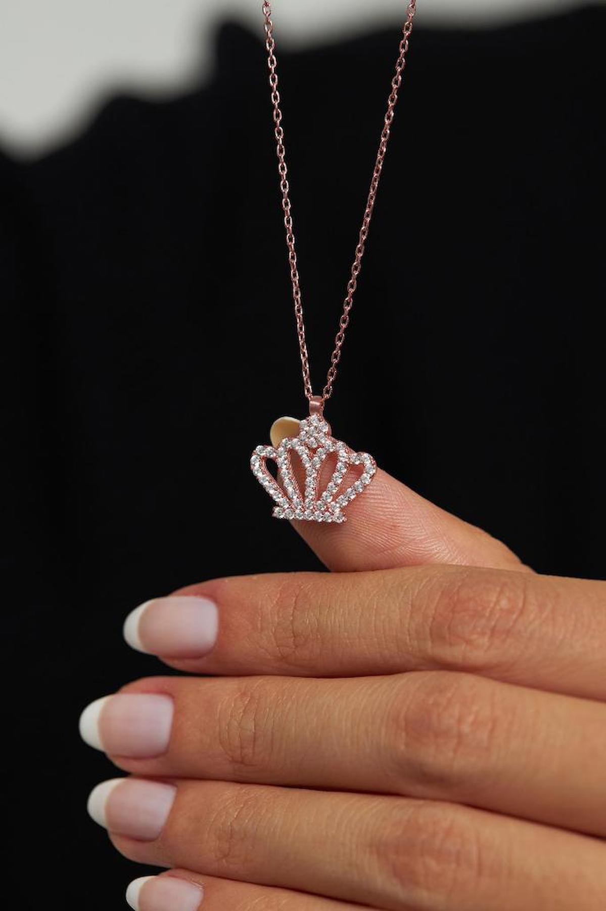 Roza Silver Taç Beyaz Zirkon Taşlı 925 Ayar Kararmayan Zincir Forse Zincir Kadın Gümüş Kolye 45 cm