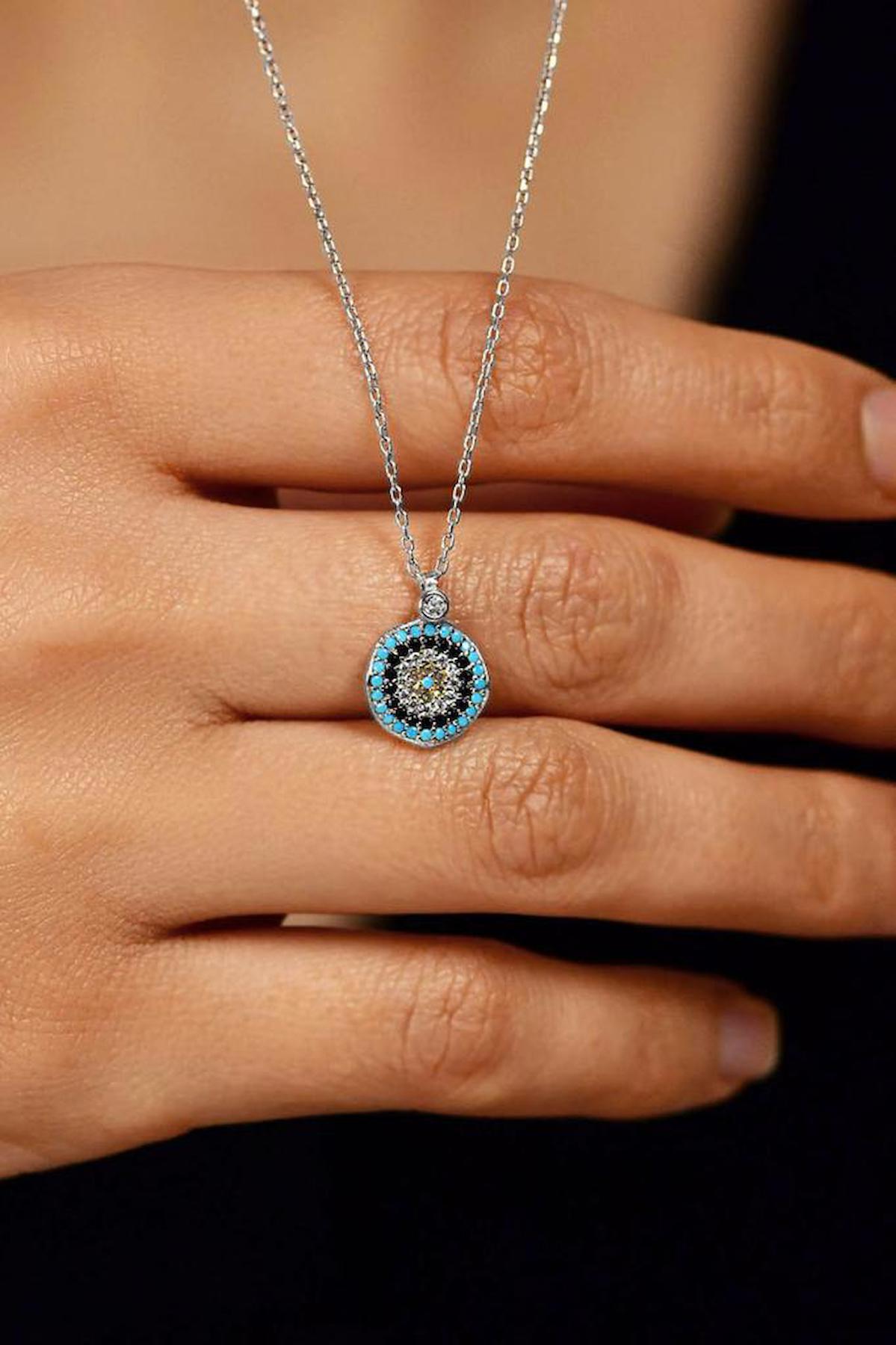 Roza Silver Nazar Boncuklu Çok Renkli Zirkon Taşlı Kararmayan Zincir Forse Zincir Kadın Gümüş Kolye 45 cm