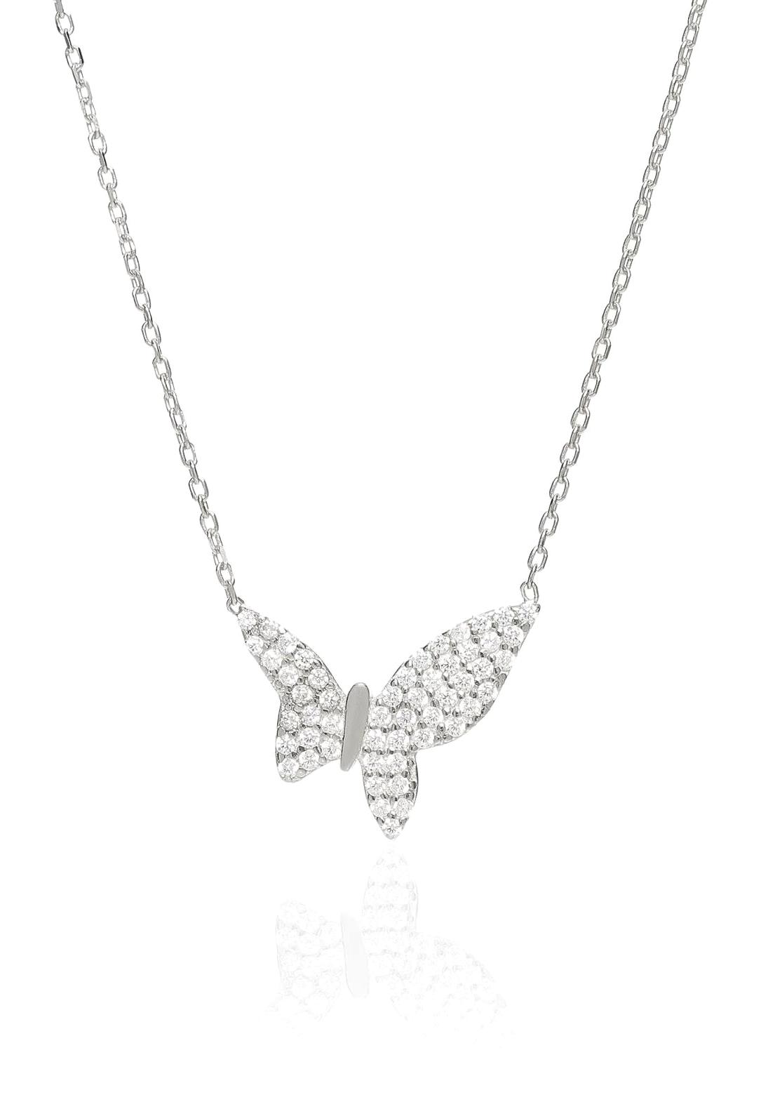 İpek Silver Kelebekli Beyaz Zirkon Taşlı 925 Ayar Kararmayan Forse Zincir Kadın Gümüş Kolye 45 cm