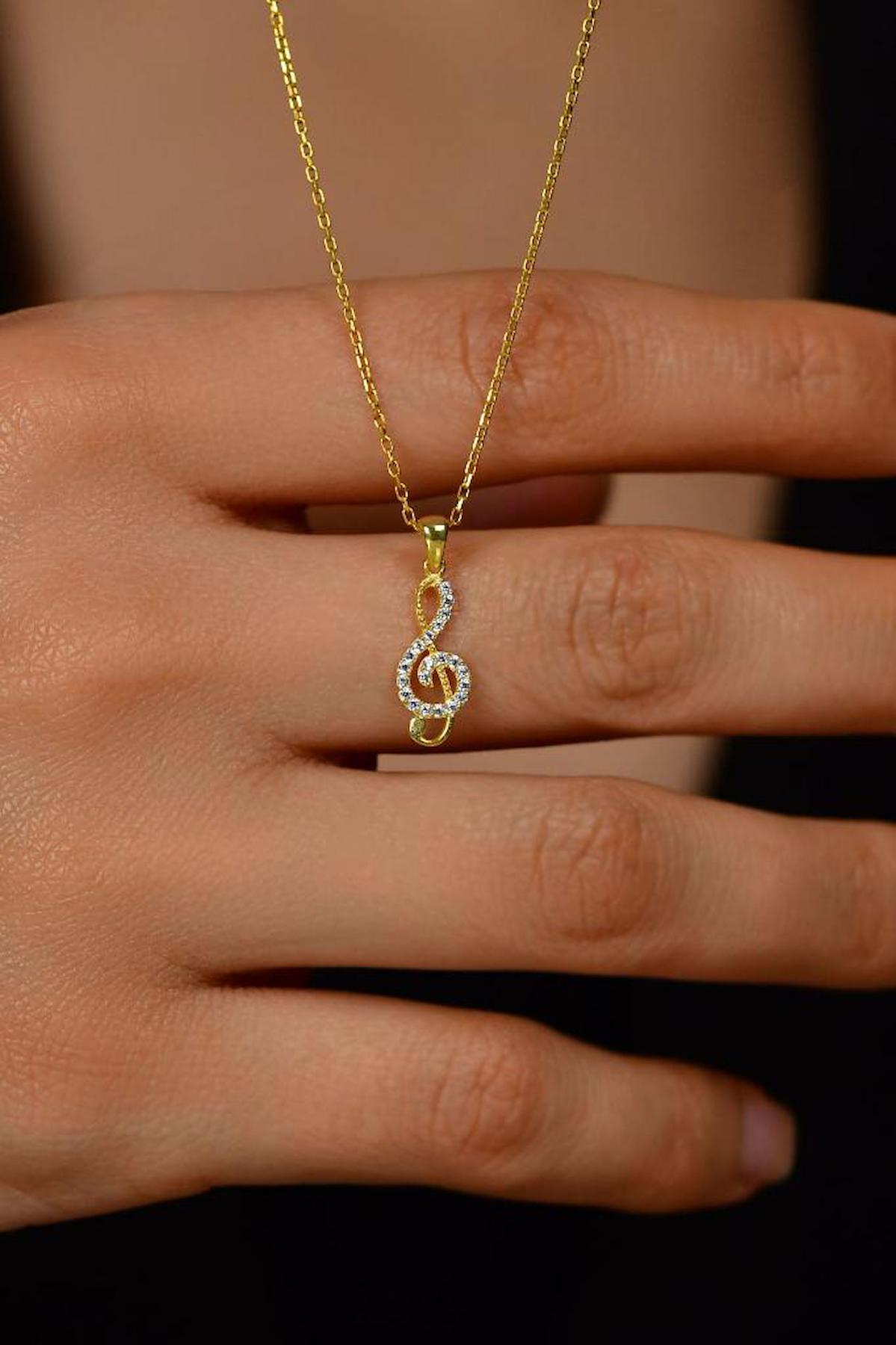 Roza Silver Sol Anahtarı Beyaz Zirkon Taşlı Kararmayan Zincir Forse Zincir Kadın Gümüş Kolye 45 cm