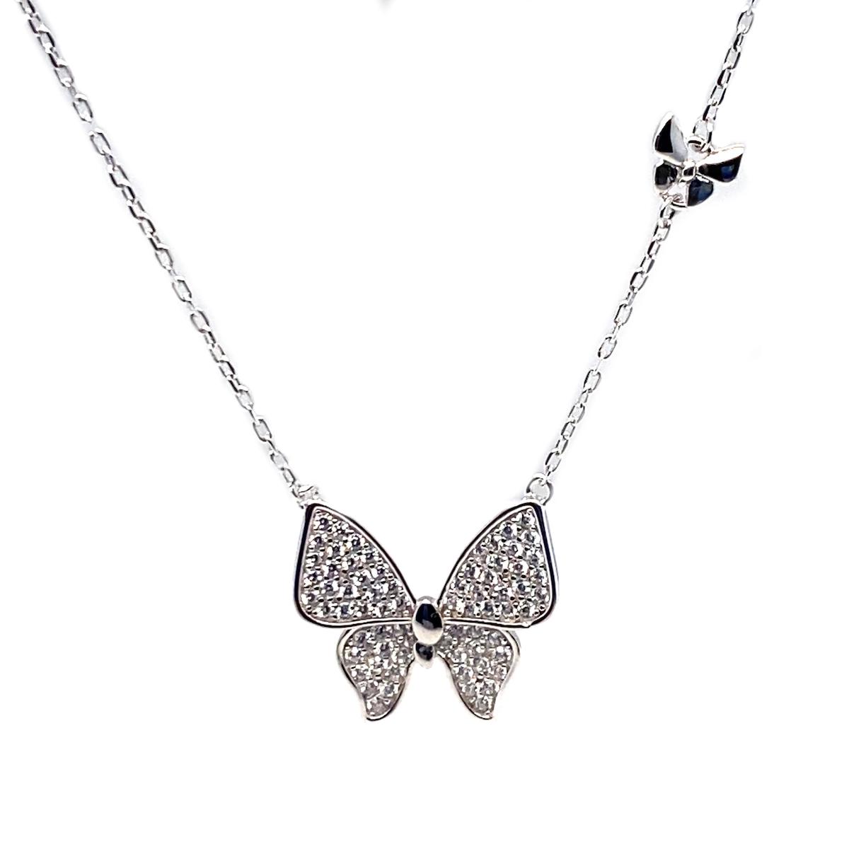Tahal Kuyumculuk Kelebekli Beyaz Swarovski Taşlı 925 Ayar Kararmayan Forse Zincir Kadın Gümüş Kolye 45 cm