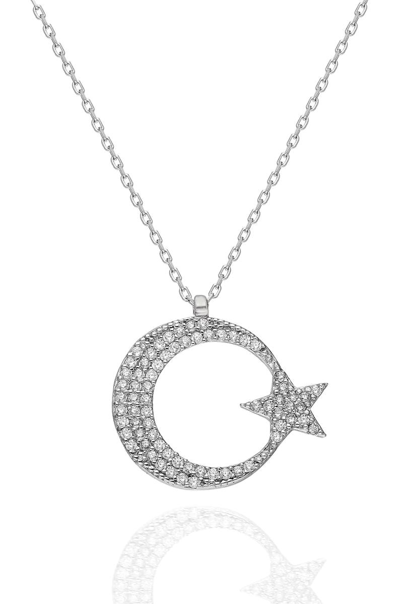 İpek Silver Ay Yıldız Beyaz Zirkon Taşlı 925 Ayar Kararmayan Zincir Forse Zincir Kadın Gümüş Kolye 45 cm