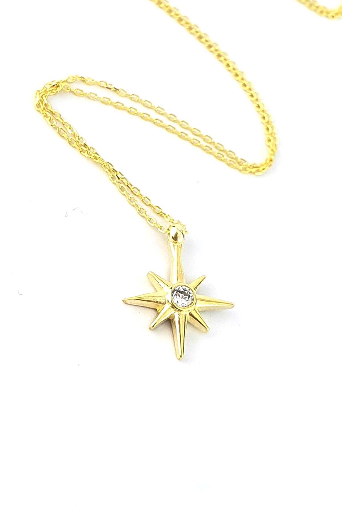 Oseshop Kutup Yıldızı Beyaz Zirkon Taşlı 925 Ayar Altın Kaplama Kararmayan Forse Zincir Kadın Gümüş Kolye 45 cm