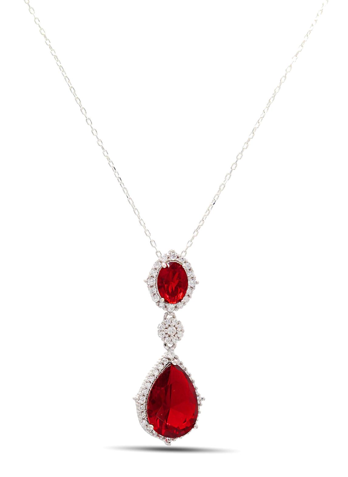 Midyat Nurtaş Gümüş Kırmızı Zirkon Taşlı 925 Ayar Kararmayan 201021886 Halka Zincir Kadın Gümüş Kolye 45 cm