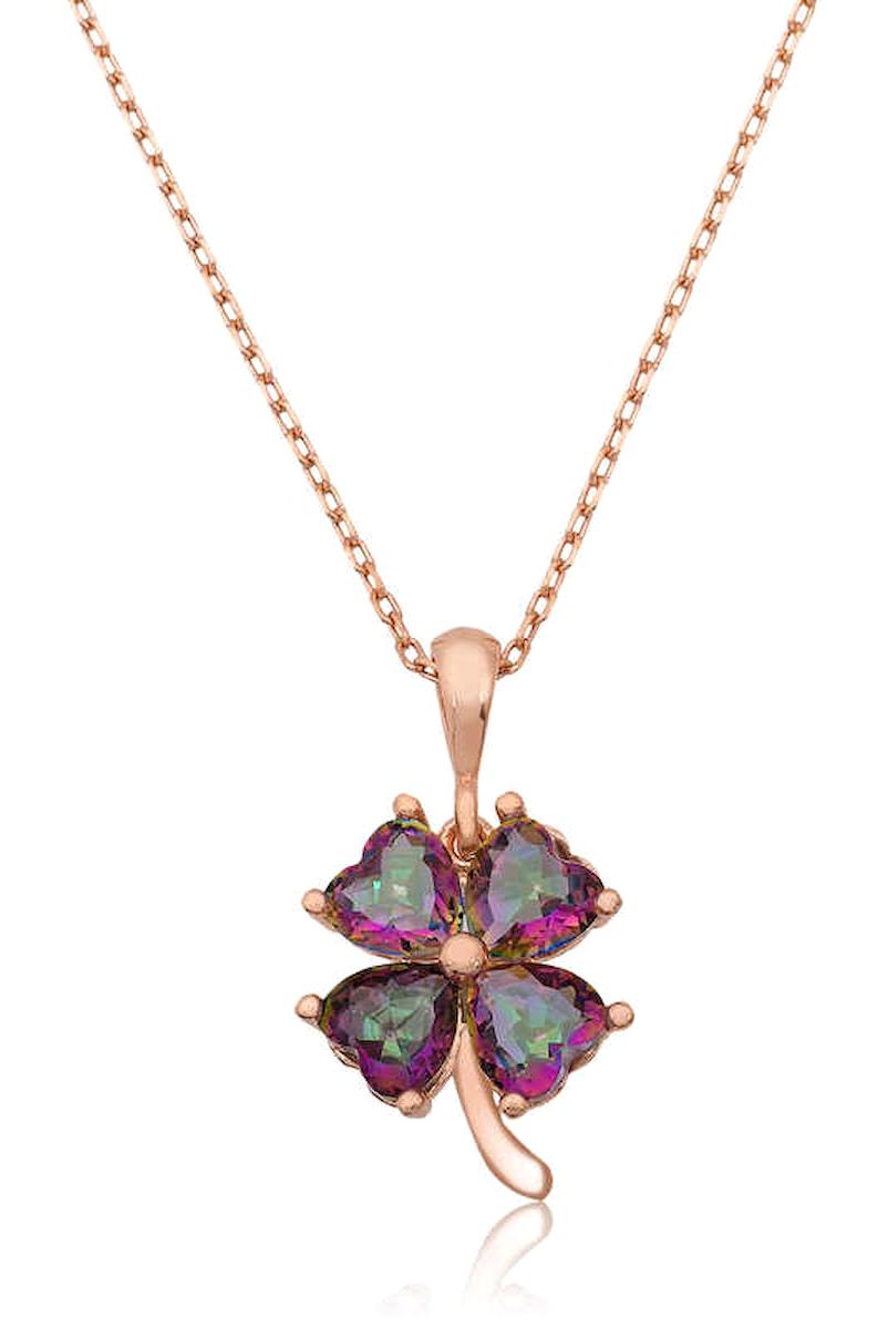 Stillove Yoncalı Mor Topaz Taşlı Kararmayan Düz Zincir Kadın Gümüş Kolye 45 cm