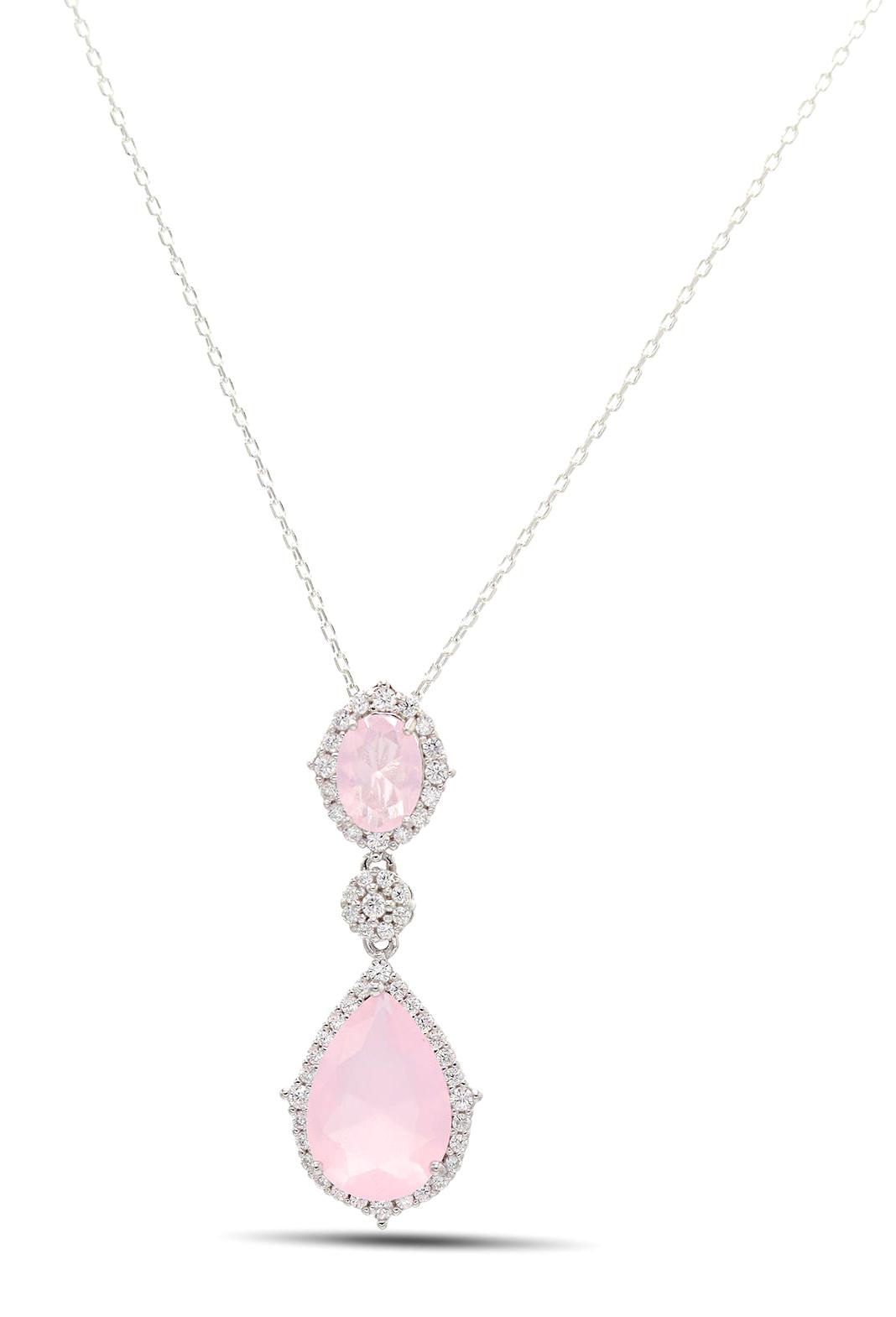 Midyat Nurtaş Gümüş Pembe Kuvars Taşlı 925 Ayar Kararmayan 201021885 Forse Zincir Kadın Gümüş Kolye 45 cm