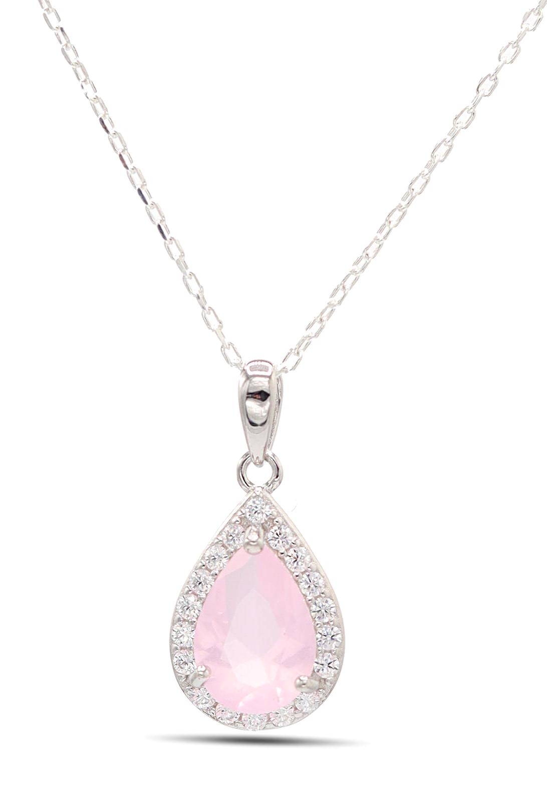 Midyat Nurtaş Gümüş Pembe Kuvars Taşlı 925 Ayar Kararmayan 201021894 Forse Zincir Kadın Gümüş Kolye 45 cm