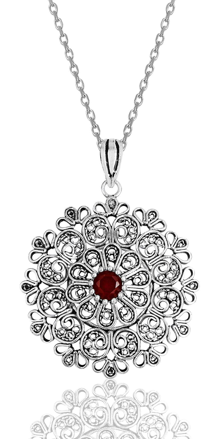 Söğütlü Silver Yuvarlak Yakut Taşlı Kararmayan Telkari Forse Zincir Kadın Gümüş Kolye 45 cm