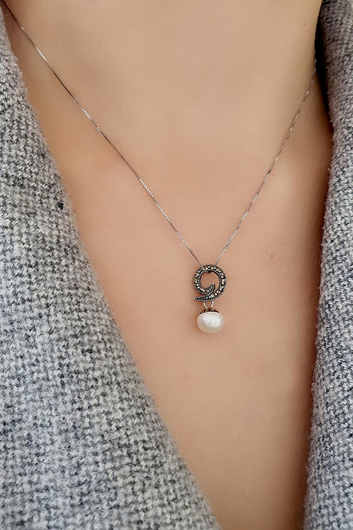 Oseshop Beyaz Markazit Taşlı 925 Ayar Kararmayan Forse Zincir Kadın Gümüş Kolye 45 cm