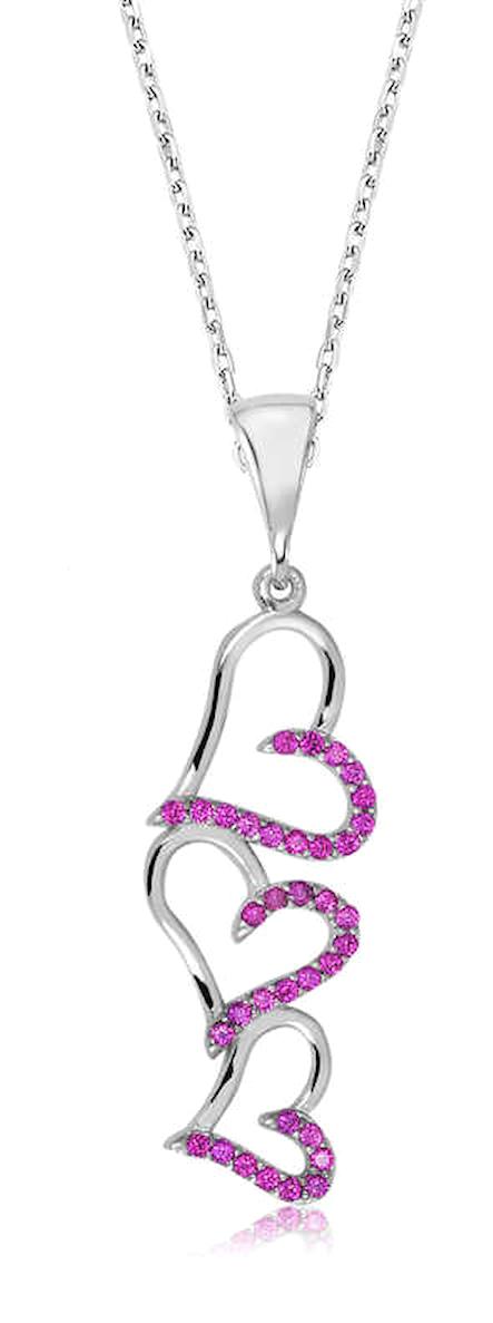 Stillove Kalpli Pembe Zirkon Taşlı Kararmayan Kalpli Düz Zincir Kadın Gümüş Kolye 45 cm