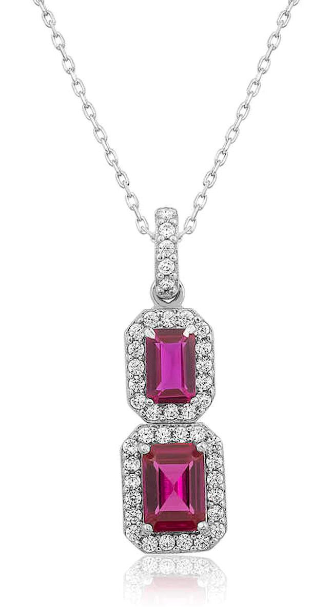 Stillove Baget Pembe Taşlı Kararmayan Düz Zincir Kadın Gümüş Kolye 45 cm