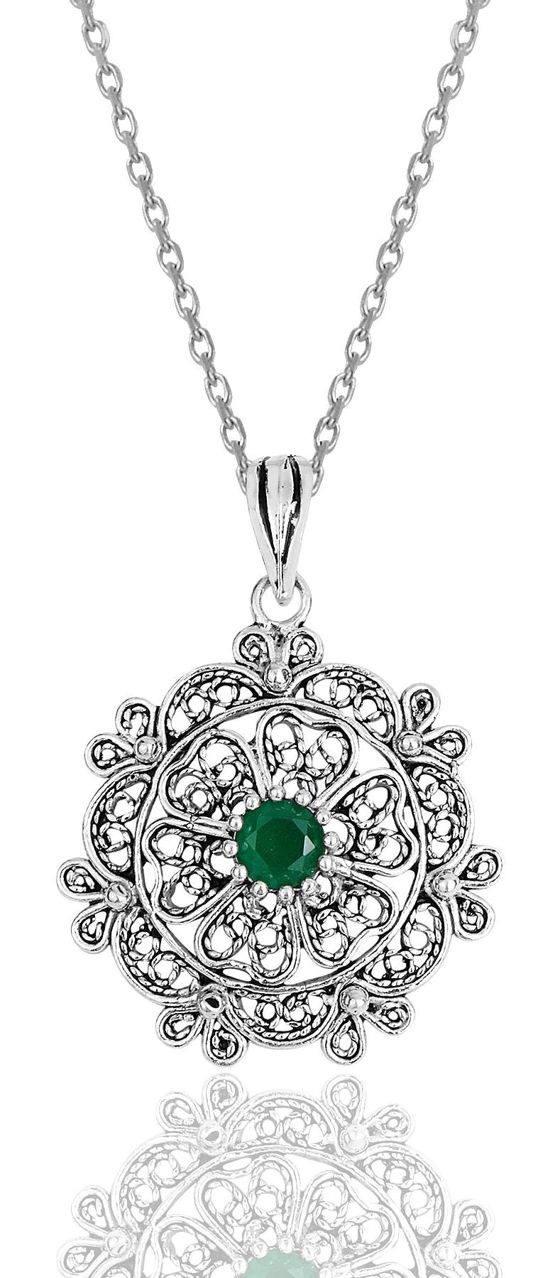 Söğütlü Silver Yuvarlak Zümrüt Taşlı Kararmayan Telkari Forse Zincir Kadın Gümüş Kolye 45 cm