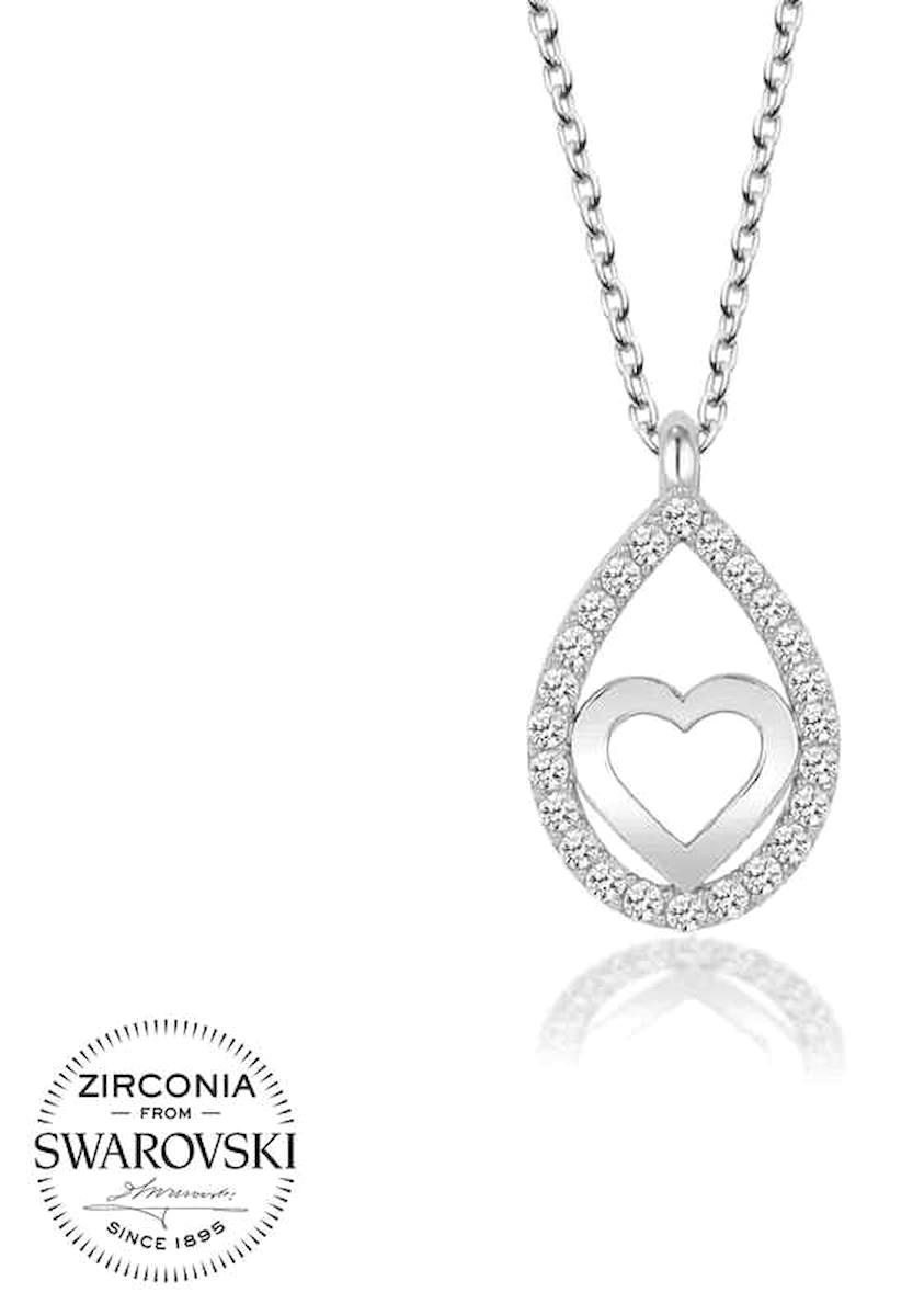 Stillove Kalpli Swarovski Taşlı Kararmayan Damla Düz Zincir Kadın Gümüş Kolye 50 cm