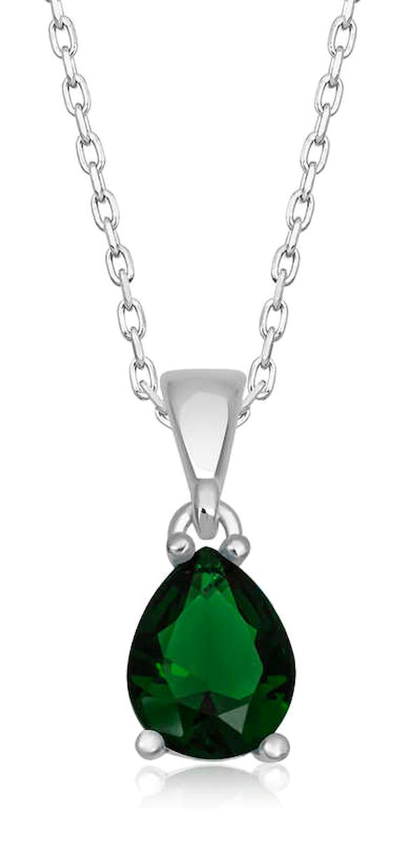 Stillove Yeşil Kristal Taşlı Kararmayan Damla Düz Zincir Kadın Gümüş Kolye 45 cm