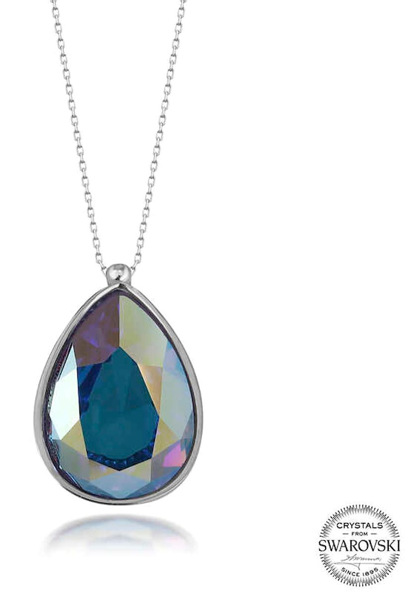 Stillove Mavi Swarovski Taşlı Kararmayan Damla Düz Zincir Kadın Gümüş Kolye 50 cm