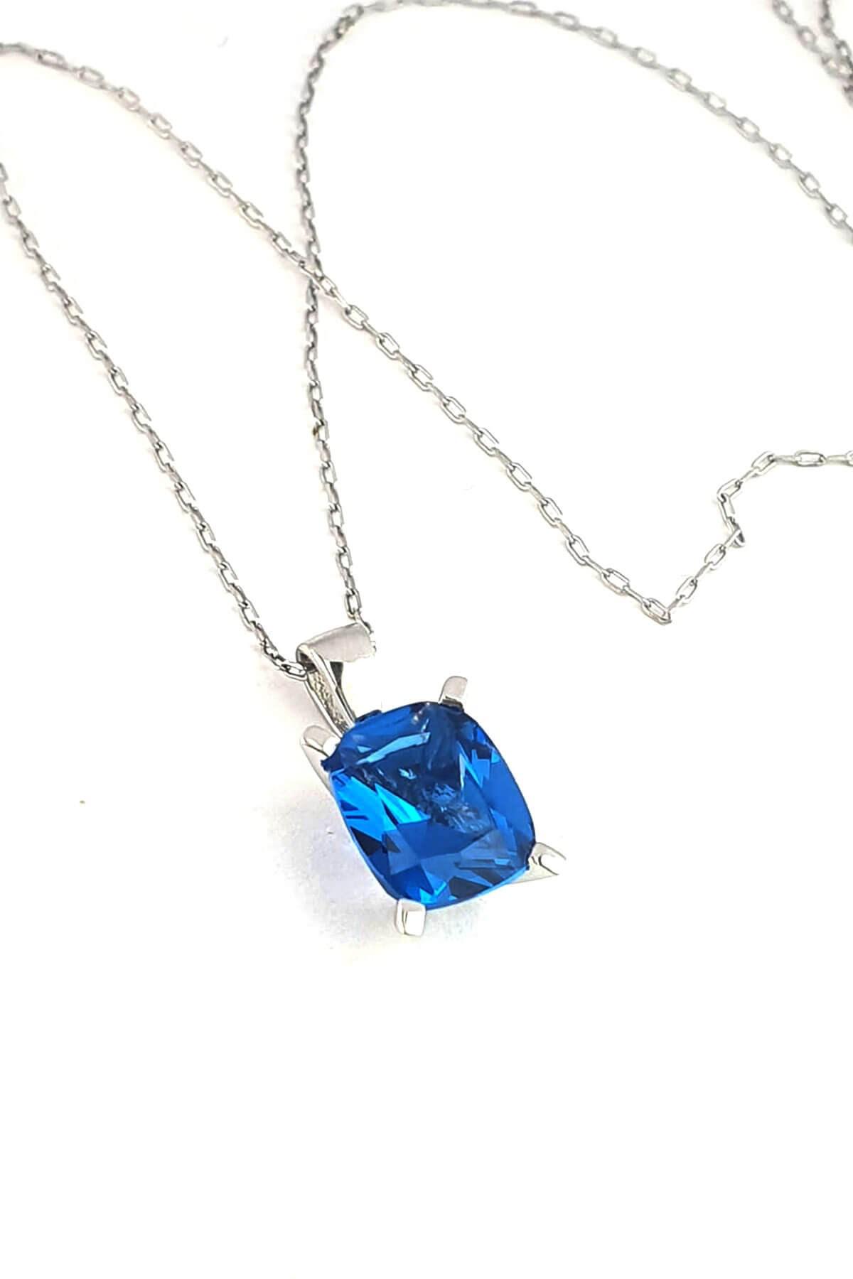 Oseshop Daire Mavi Lapis Taşlı 925 Ayar Kararmayan Forse Zincir Kadın Gümüş Kolye 45 cm
