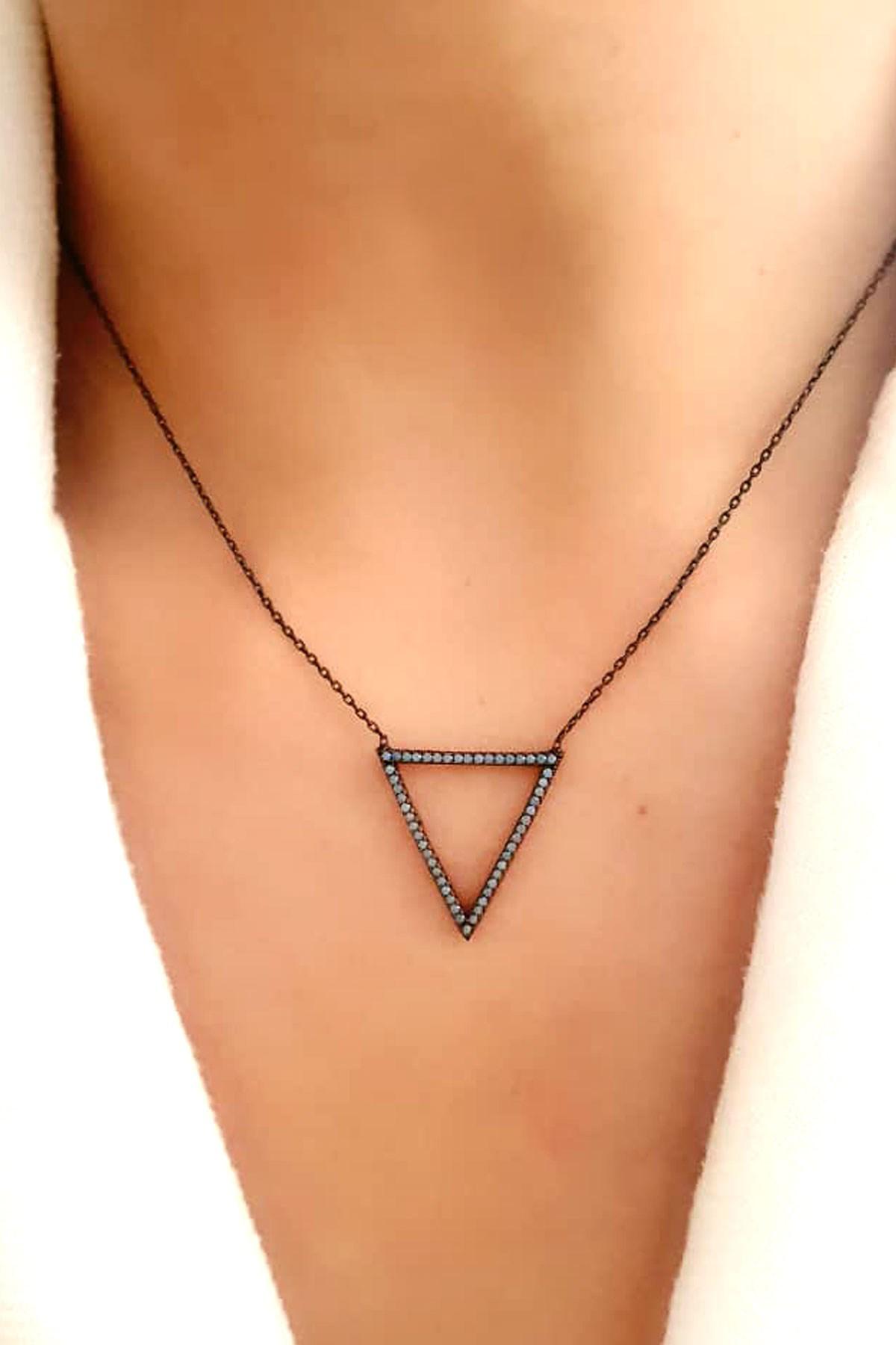 Oseshop Üçgen Mavi Turkuaz Zirkon Taşlı 925 Ayar Kararmayan Forse Zincir Kadın Gümüş Kolye 45 cm