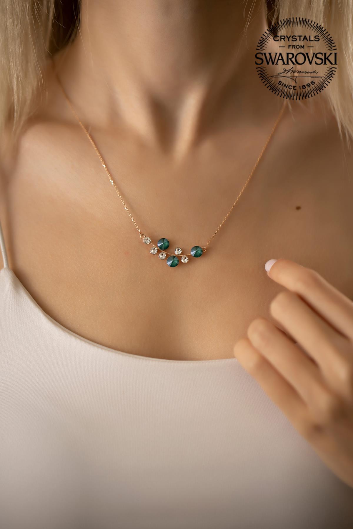 Swarovski Beyaz Yeşil Swarovski Taşlı Kararmayan Düz Zincir Kadın Gümüş Kolye 45 cm