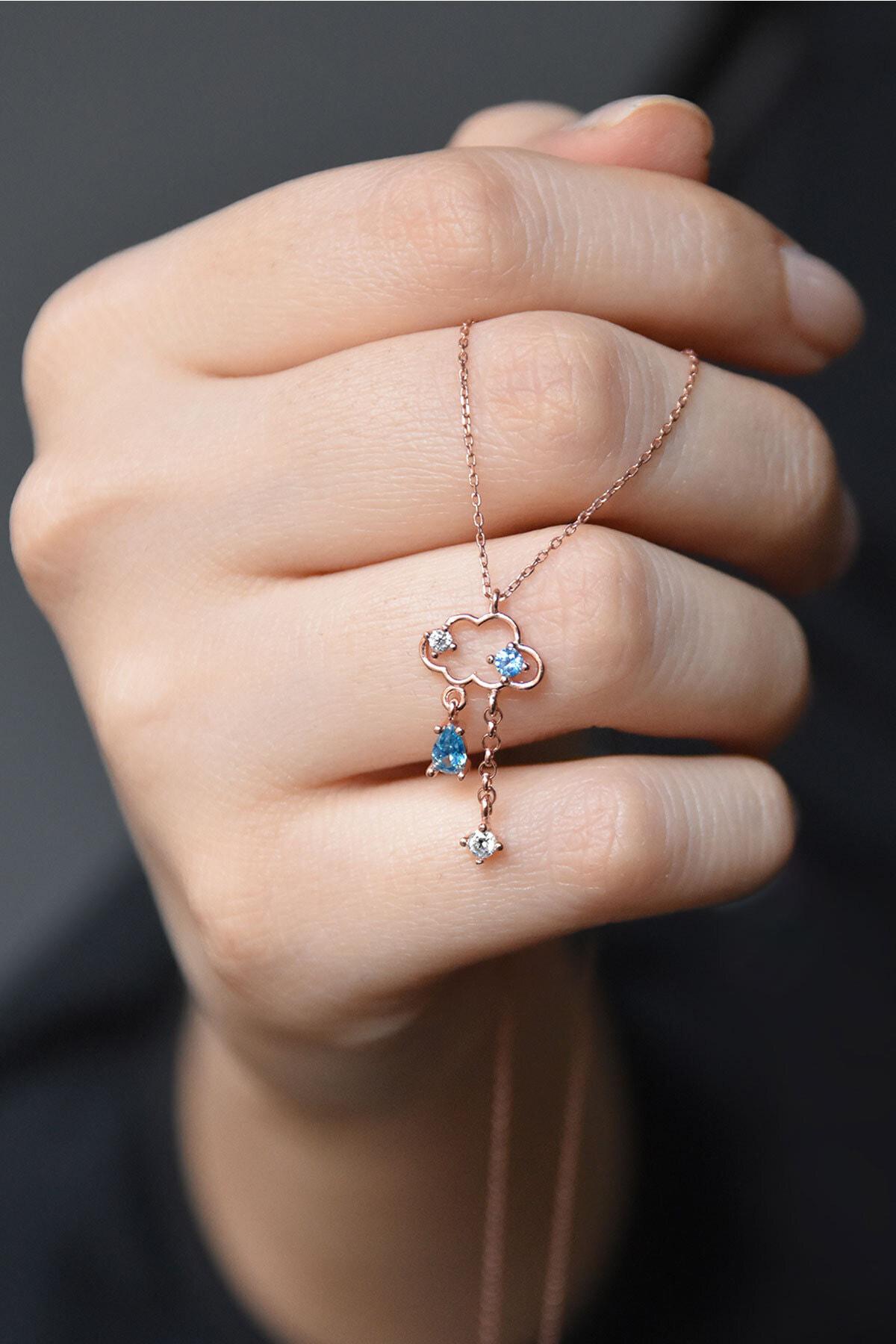 Elika Silver Kelebek Beyaz Mavi Zirkon Taşlı 925 Ayar Kararmayan Düz Zincir Kadın Gümüş Kolye 43 cm