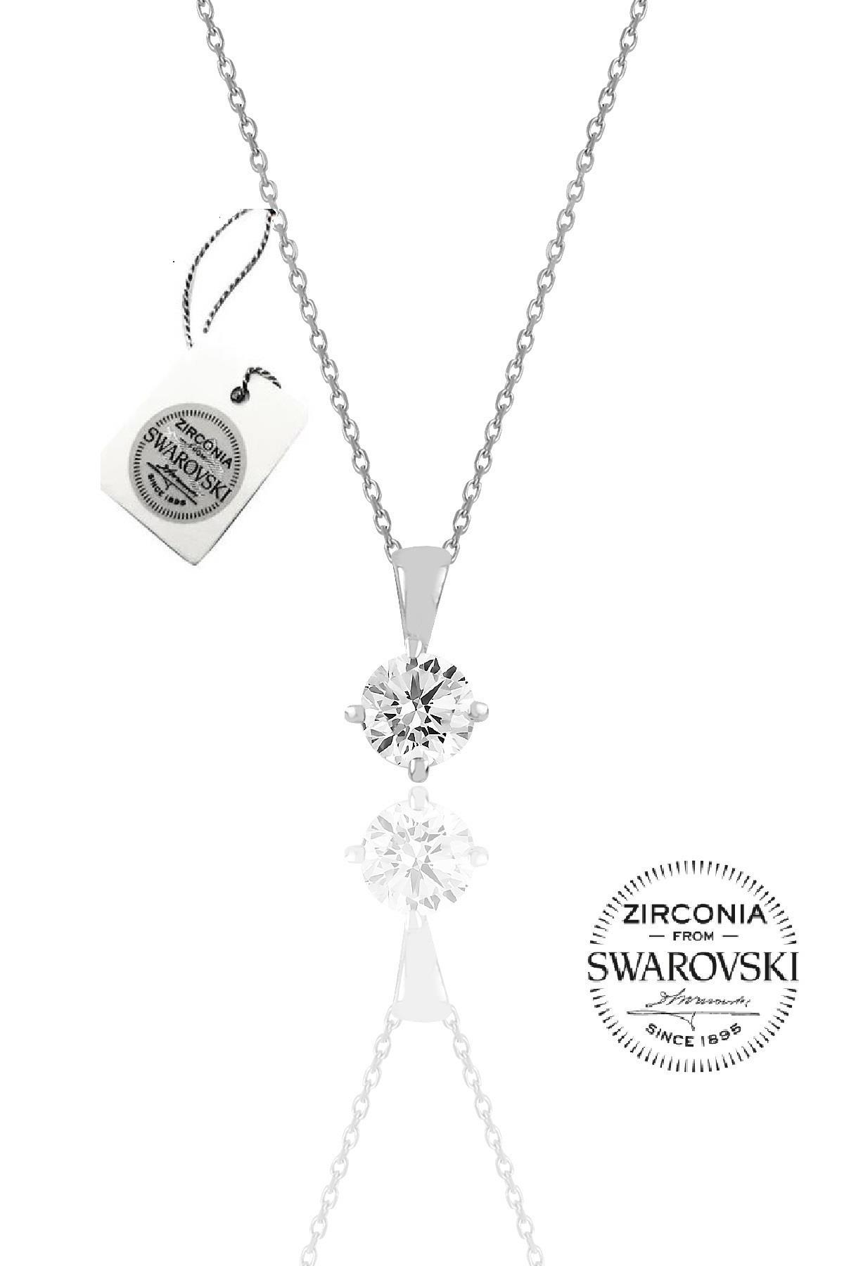 Söğütlü Silver Beyaz Swarovski Taşlı 925 Ayar Kararmayan Tektaş Forse Zincir Kadın Gümüş Kolye 45 cm