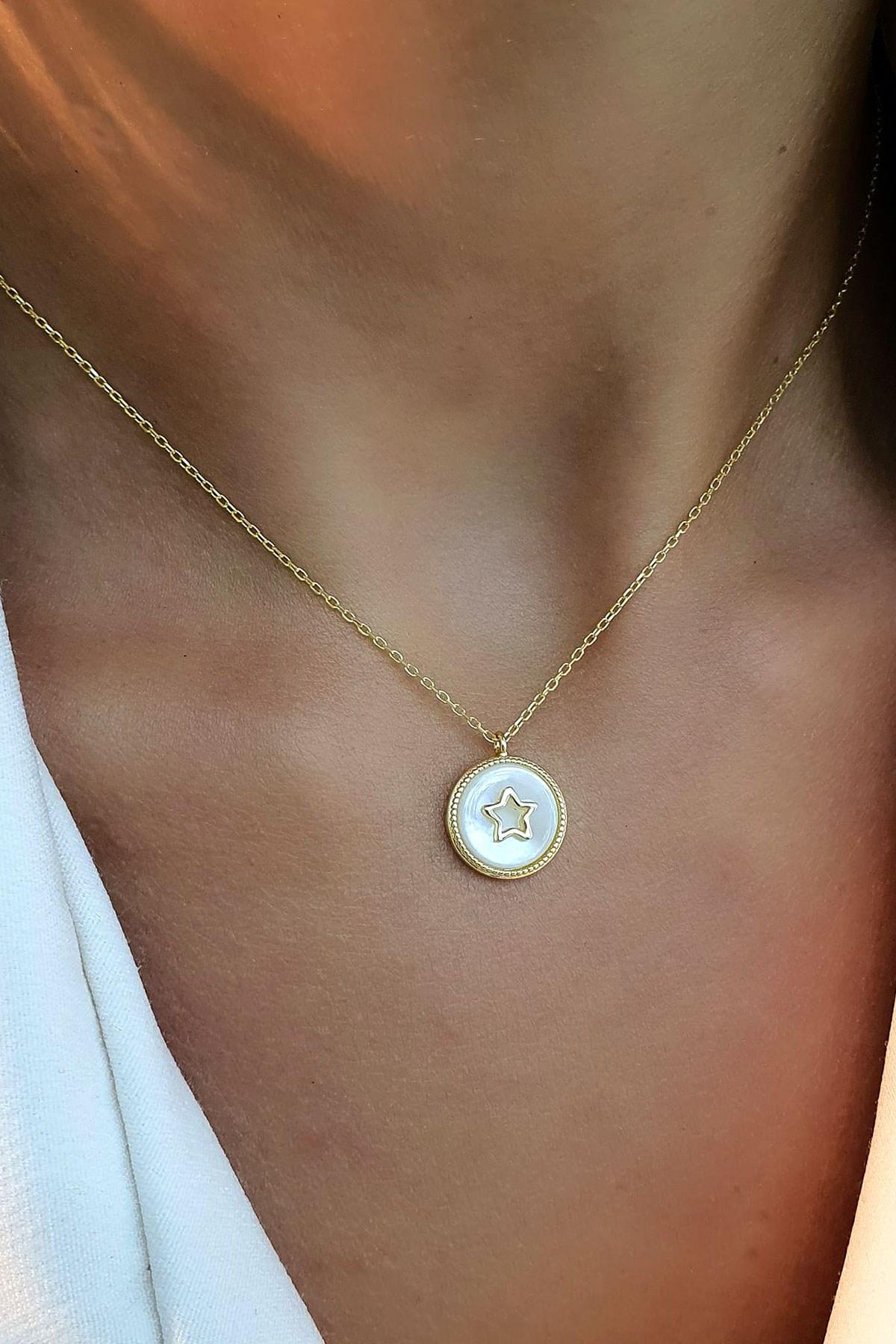 Oseshop Beyaz Sedef Taşlı 925 Ayar Evet Kararmayan Daire Forse Zincir Kadın Gümüş Kolye 45 cm
