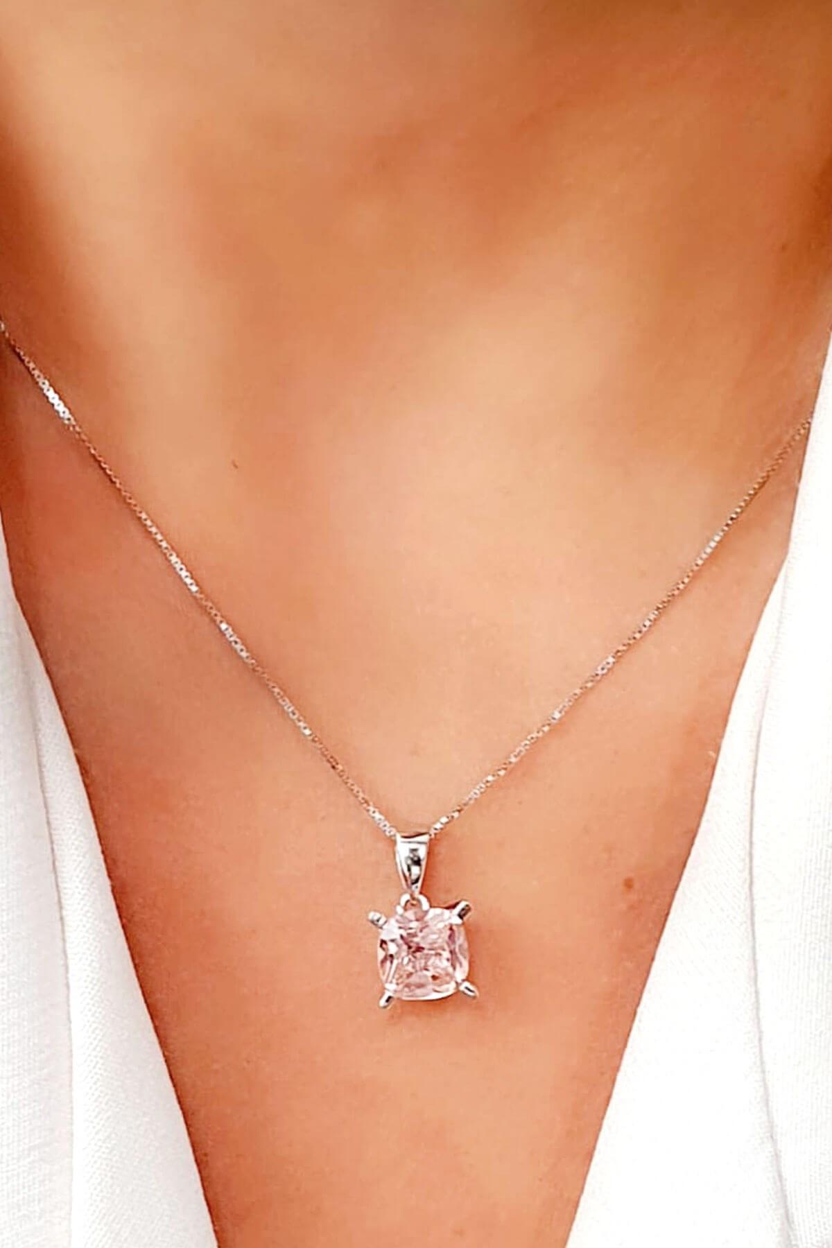 Oseshop Daire Pembe Kuvars Taşlı 925 Ayar Kararmayan Forse Zincir Kadın Gümüş Kolye 45 cm