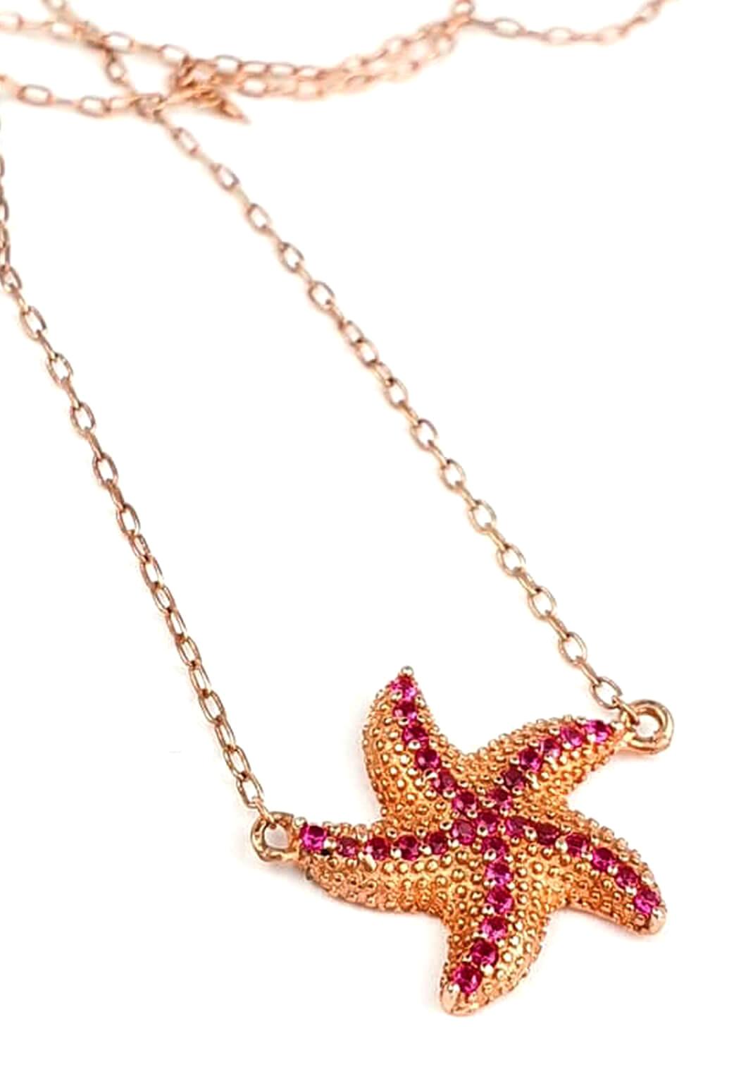Oseshop Deniz Yıldızı Pembe Zirkon Taşlı 925 Ayar Kararmayan Forse Zincir Kadın Gümüş Kolye 45 cm