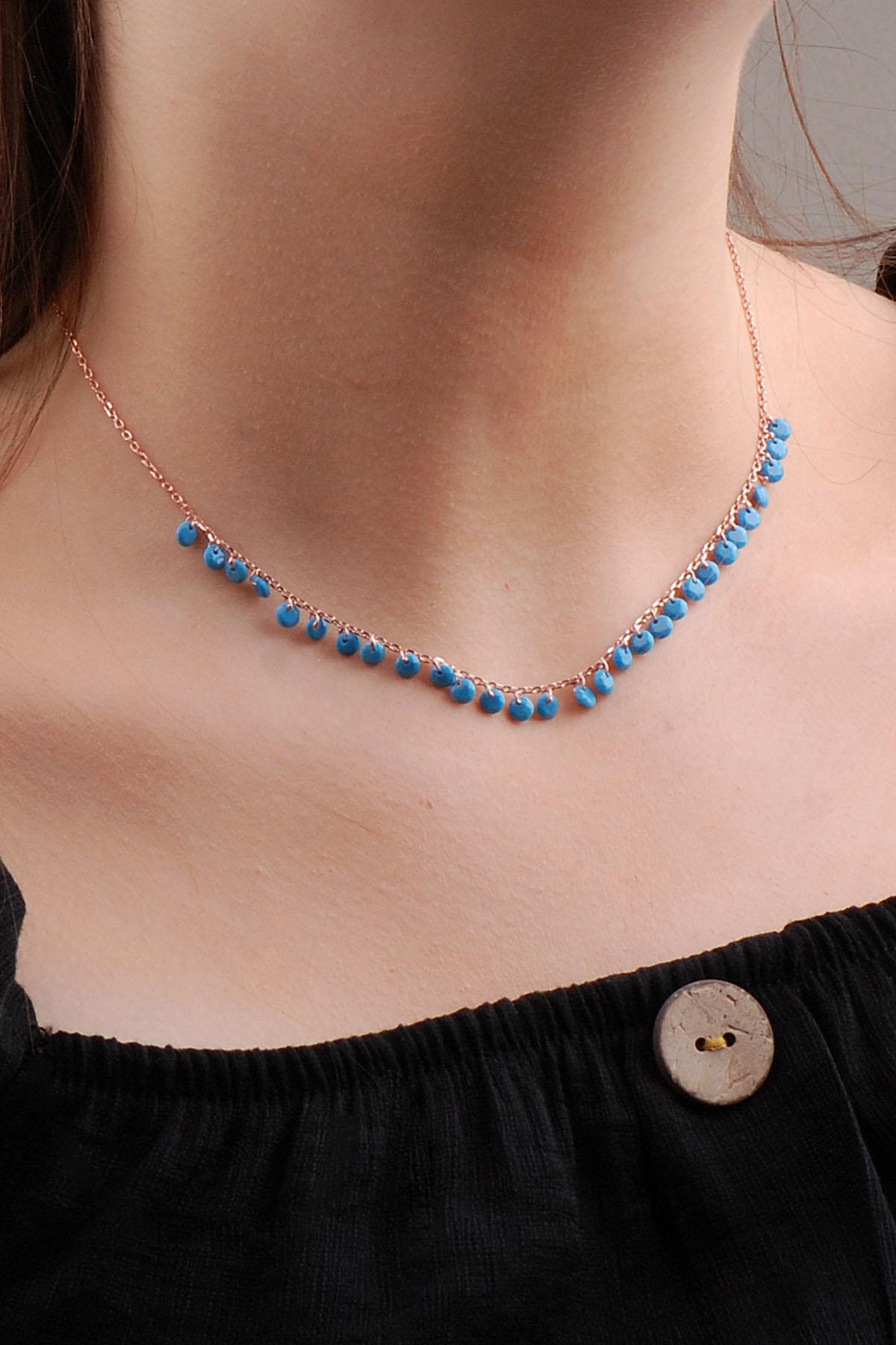Sümer Telkari Yuvarlak Mavi Firuze Taşlı Kararmayan Choker Düz Zincir Kadın Gümüş Kolye 48 cm