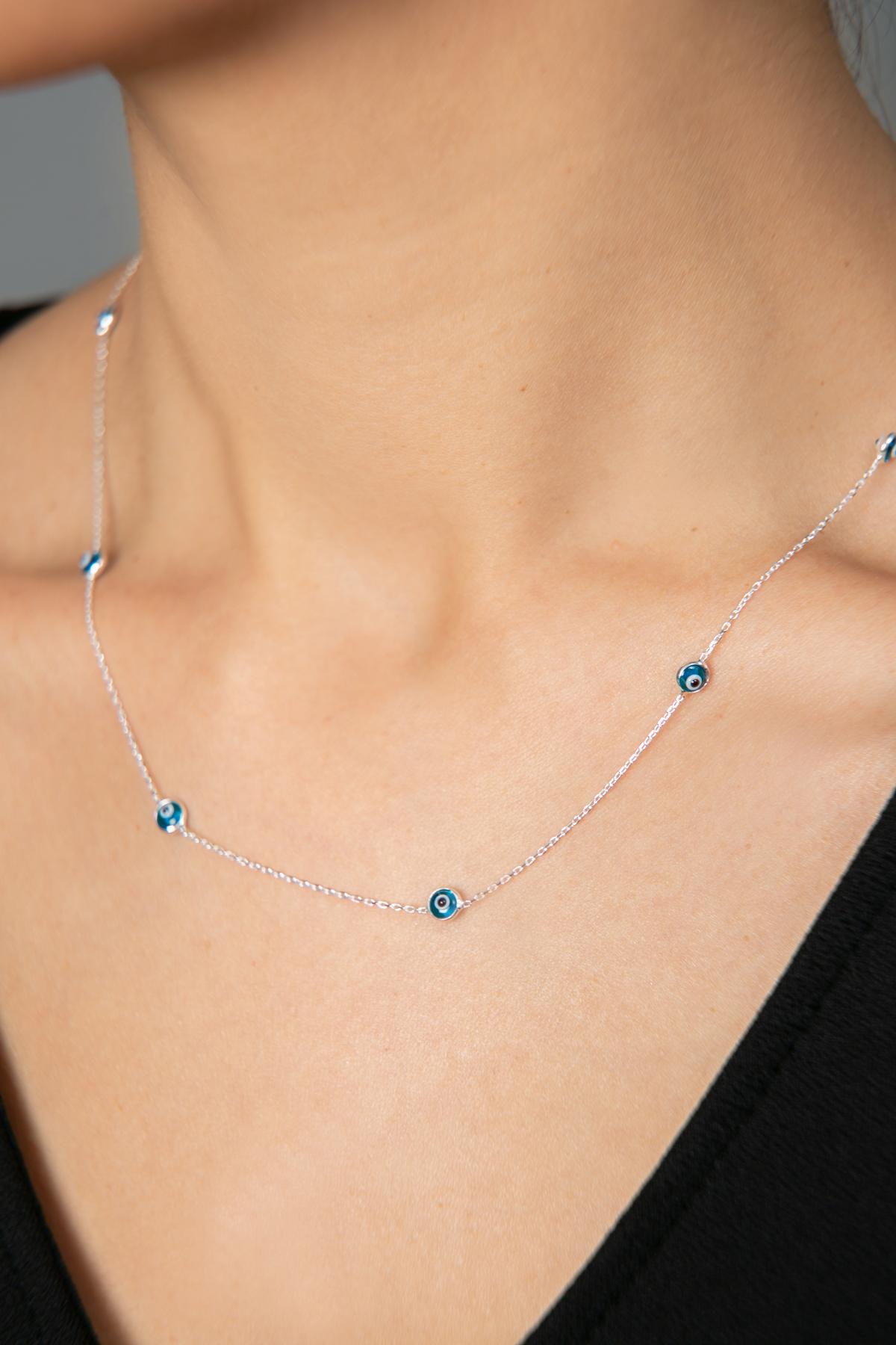 Elika Silver Beyaz Mavi Taşlı 925 Ayar Kararmayan Daire Zincir Kadın Gümüş Kolye 43 cm