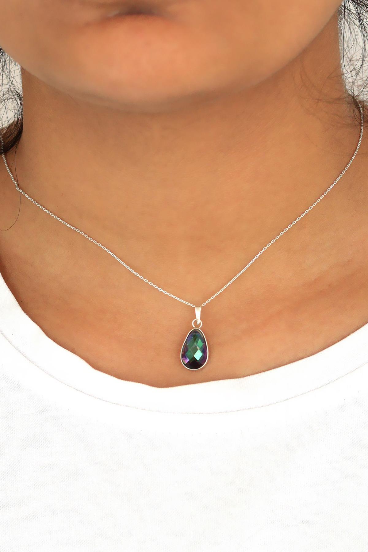 Midyat Nurtaş Gümüş Kelebek Yeşil Topaz Taşlı Forse Zincir Kadın Gümüş Kolye 45 cm