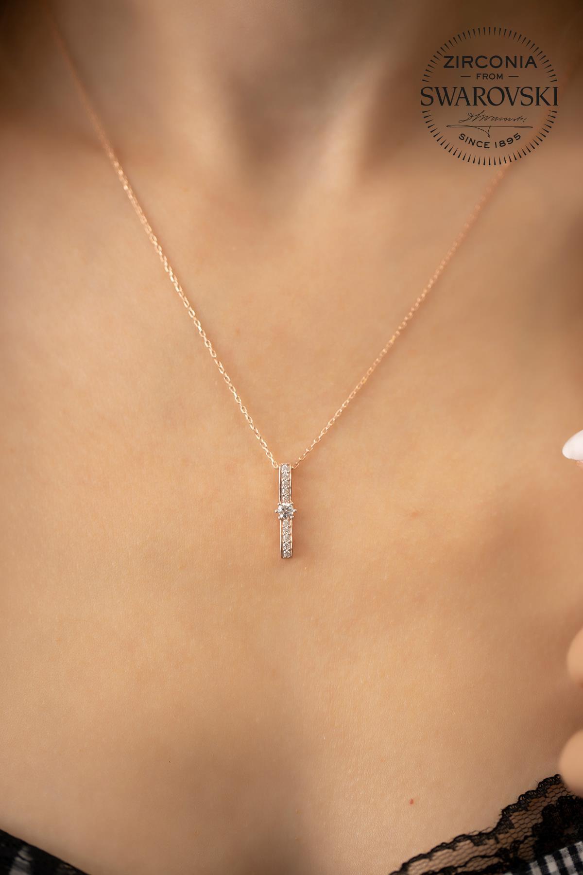 Swarovski Çubuk Beyaz Zirkon Taşlı Kararmayan Düz Zincir Kadın Gümüş Kolye 45 cm