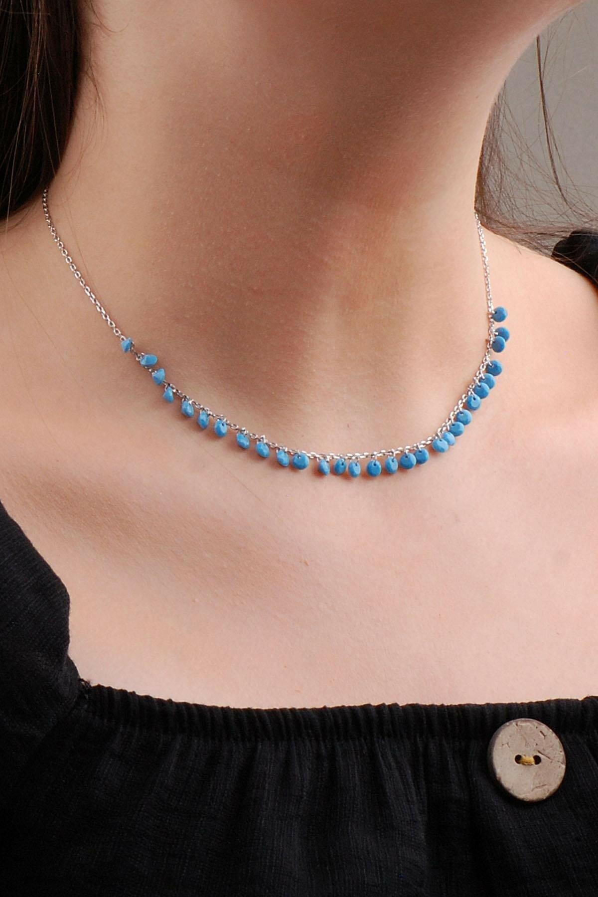 Sümer Telkari Kalp Mavi Firuze Taşlı Kararmayan Choker Düz Zincir Kadın Gümüş Kolye 40 cm
