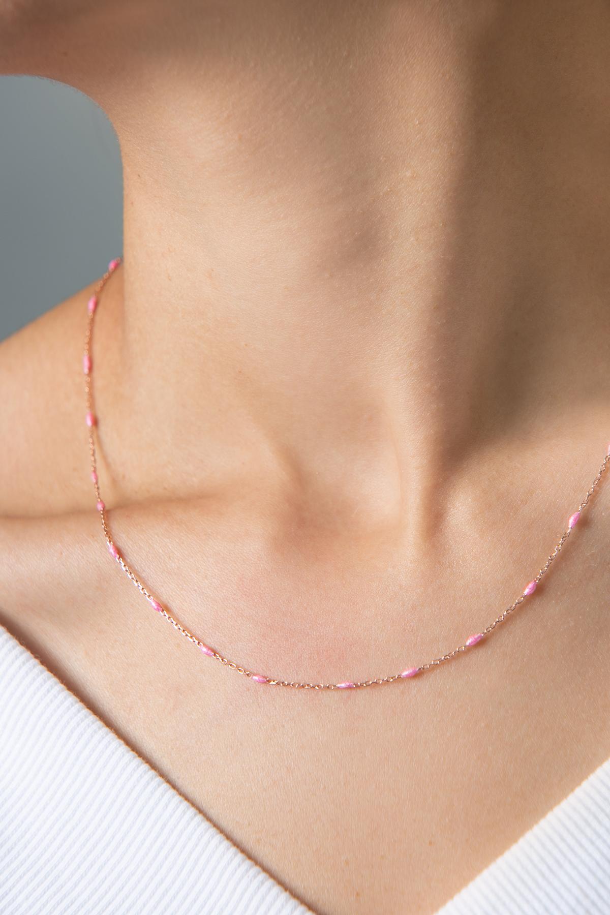 Elika Silver Pembe Zirkon Taşlı 925 Ayar Kararmayan Düz Zincir Kadın Gümüş Kolye 45 cm