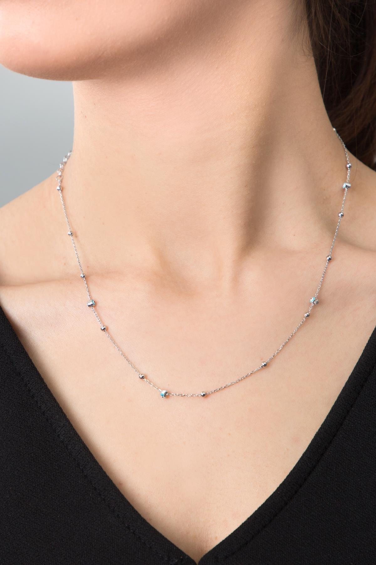 Elika Silver Uğur Böceği Mavi Zirkon 925 Ayar Kararmayan Düz Zincir Kadın Gümüş Kolye 43 cm