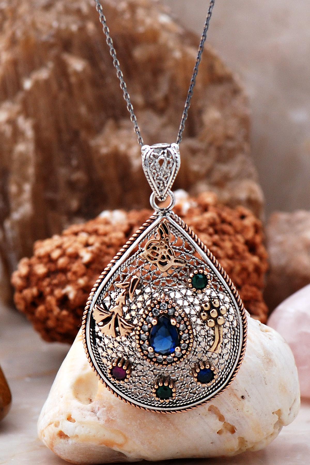 Sümer Telkari Damla Çok Renkli Safir Yakut Zümrüt Taşlı Kararmayan Düz Zincir Kadın Gümüş Kolye 50 cm