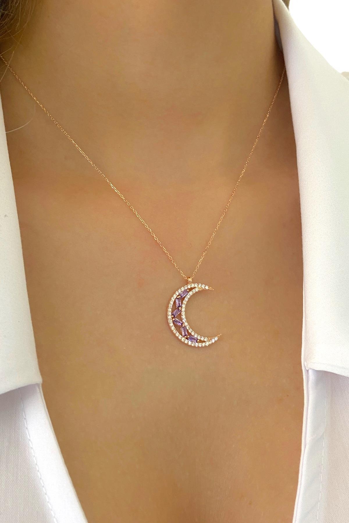 Magümüş Mor Ametist Taşlı 925 Ayar Kararmayan Ay Halat Zincir Kadın Gümüş Kolye 45 cm