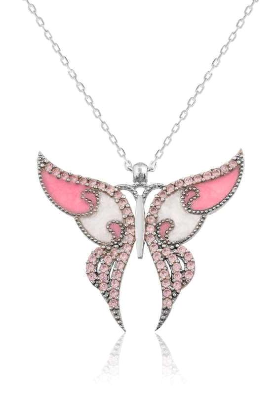 Supertrend Beyaz Pembe Kuvars Taşlı 925 Ayar Kararmayan Kelebek Zincir Kadın Gümüş Kolye 45 cm