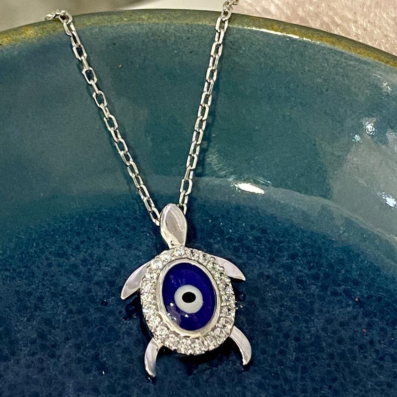 Pier Gümüş Mavi Taşlı 925 Ayar Kararmayan Kaplumbağa Forse Zincir Kadın Gümüş Kolye 45 cm