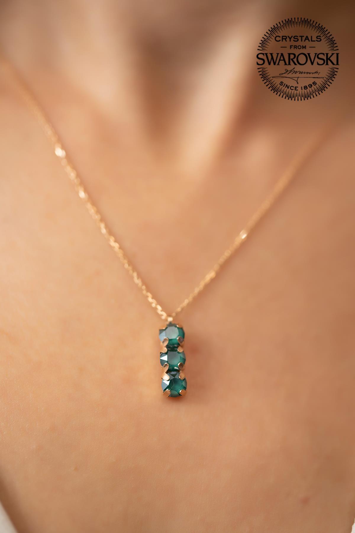 Swarovski Yeşil Swarovski Taşlı Kararmayan Düz Zincir Kadın Gümüş Kolye 45 cm